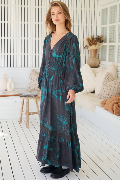 JAASE - Carmen Long Sleeve Maxi Dress: Button Down A Line Dress with Lace Trim in Midnight Lilly Print