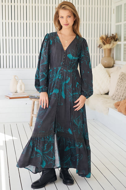 JAASE - Carmen Long Sleeve Maxi Dress: Button Down A Line Dress with Lace Trim in Midnight Lilly Print