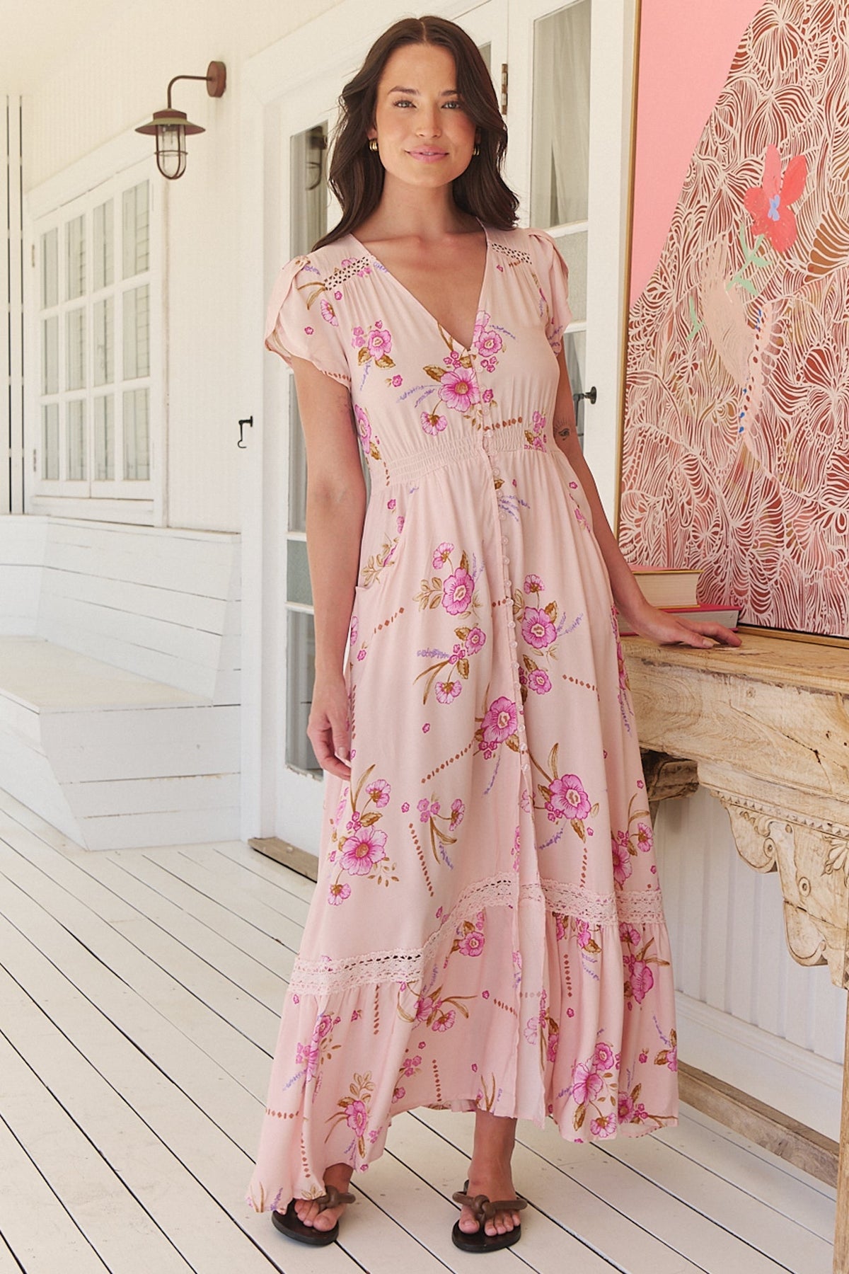 JAASE - Carmen Maxi Dress: Butterfly Cap Sleeve Button Down A Line Dress with Lace Trim in Blushing Fields Print