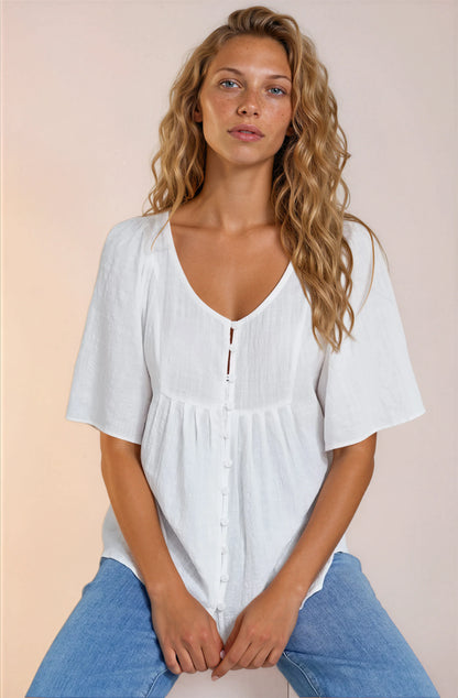 Casita Top - Scoop Neck Textured Babydoll Top with Flutter Sleeves in White