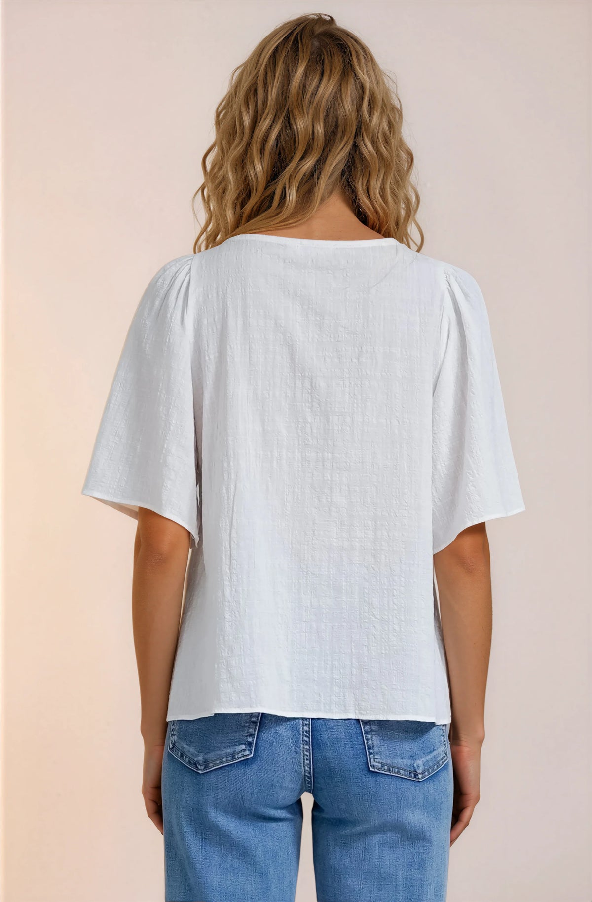 Casita Top - Scoop Neck Textured Babydoll Top with Flutter Sleeves in White