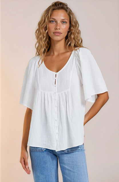 Casita Top - Scoop Neck Textured Babydoll Top with Flutter Sleeves in White
