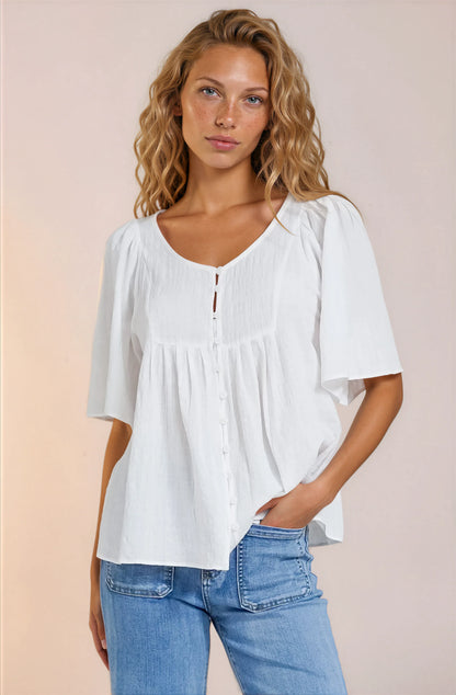 Casita Top - Scoop Neck Textured Babydoll Top with Flutter Sleeves in White