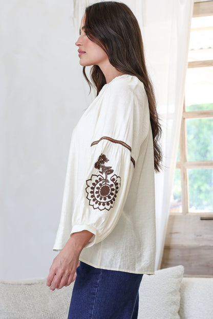 Cassel Top - Round Split Collar Pullover Embroidered Top with Balloon Sleeves in Cream