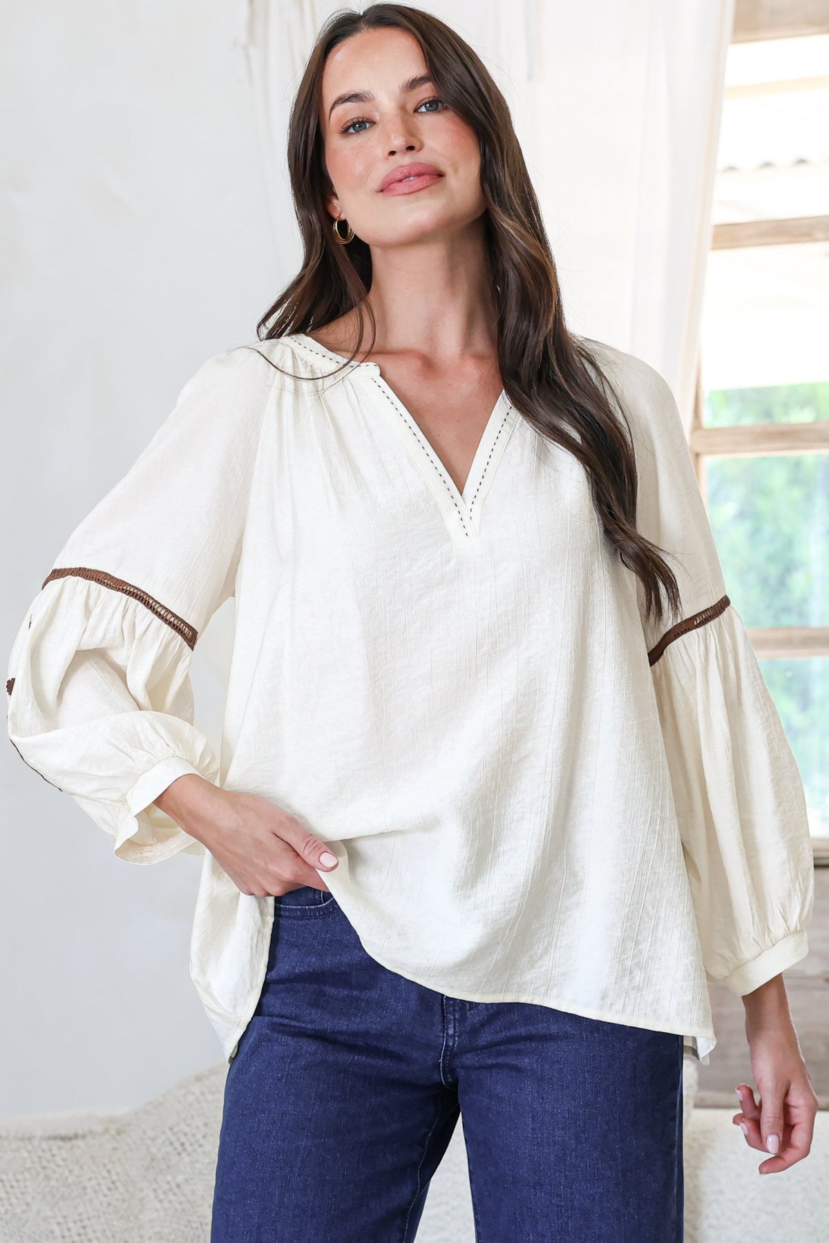 Cassel Top - Round Split Collar Pullover Embroidered Top with Balloon Sleeves in Cream