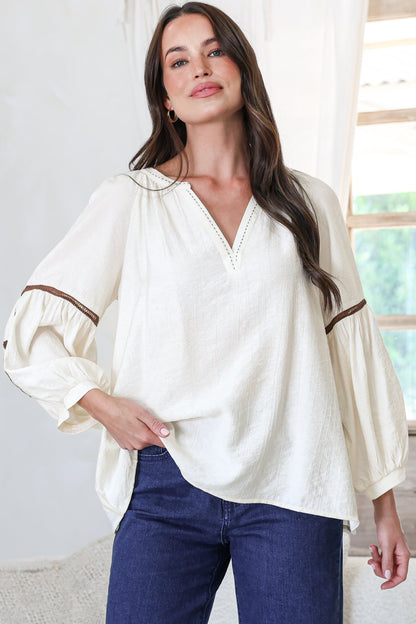 Cassel Top - Round Split Collar Pullover Embroidered Top with Balloon Sleeves in Cream