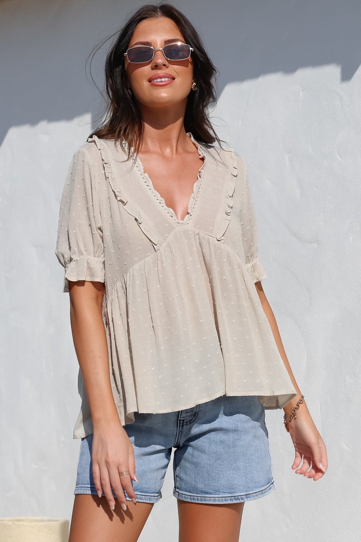 Catha Top - Frill Neckline Empire Bustline Top with Short Balloon Sleeves in Beige