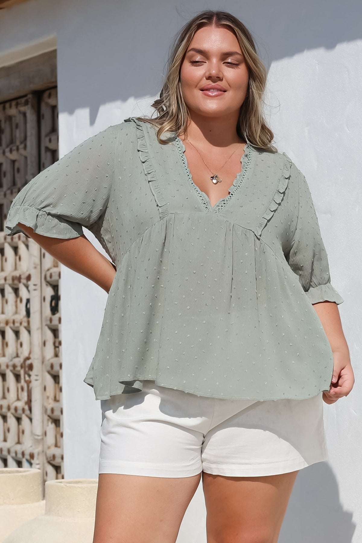 Catha Top - Frill Neckline Empire Bustline Top with Short Balloon Sleeves in Sage