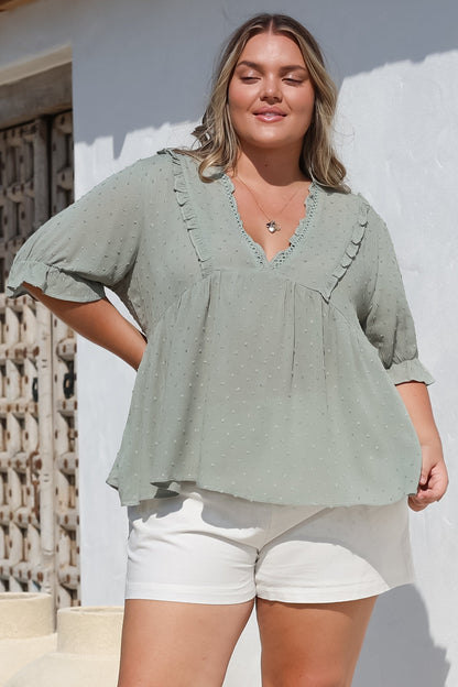 Catha Top - Frill Neckline Empire Bustline Top with Short Balloon Sleeves in Sage