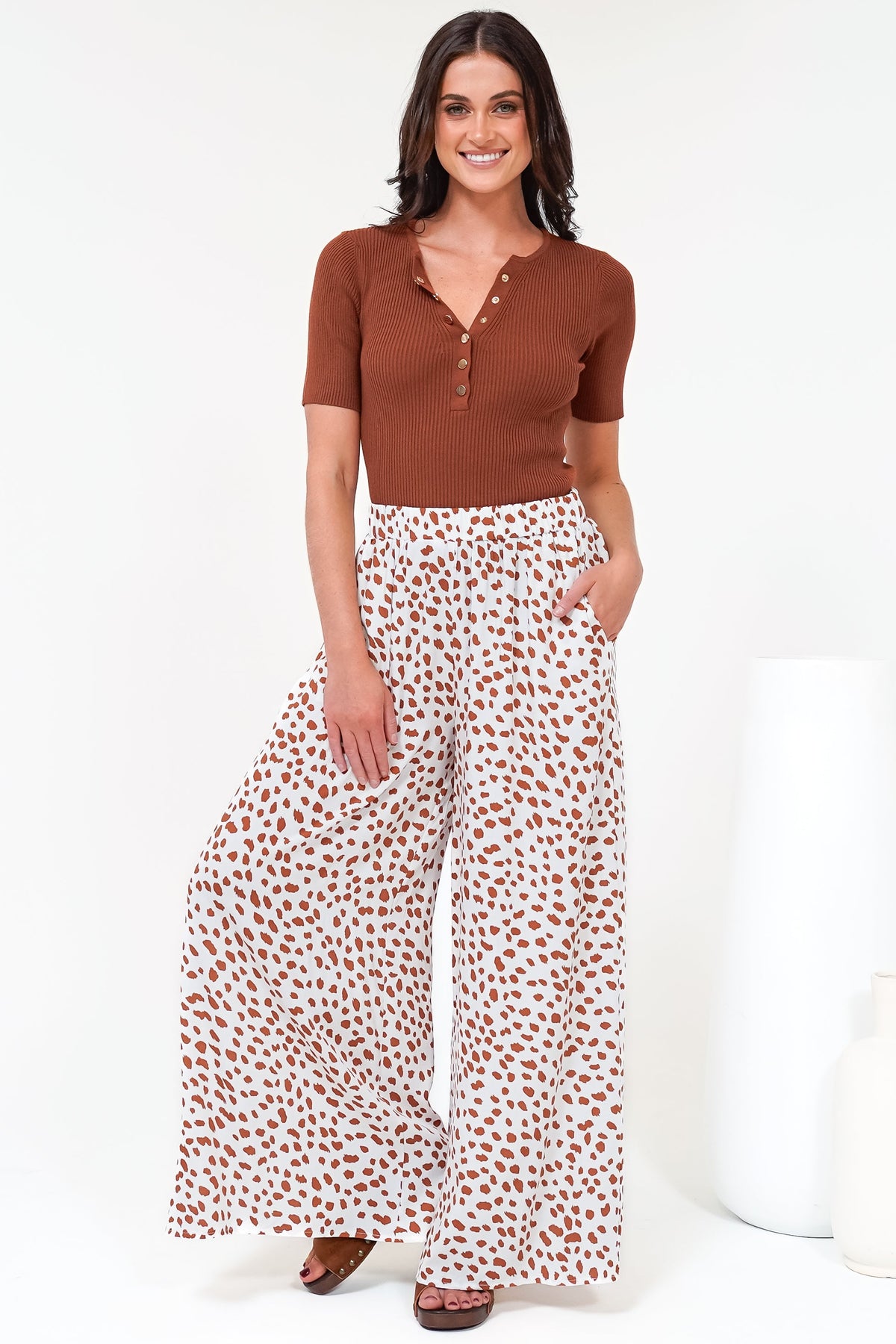 Channing Pants - High Waisted Wide-Leg Pants with Pockets in Dasher Print Brown
