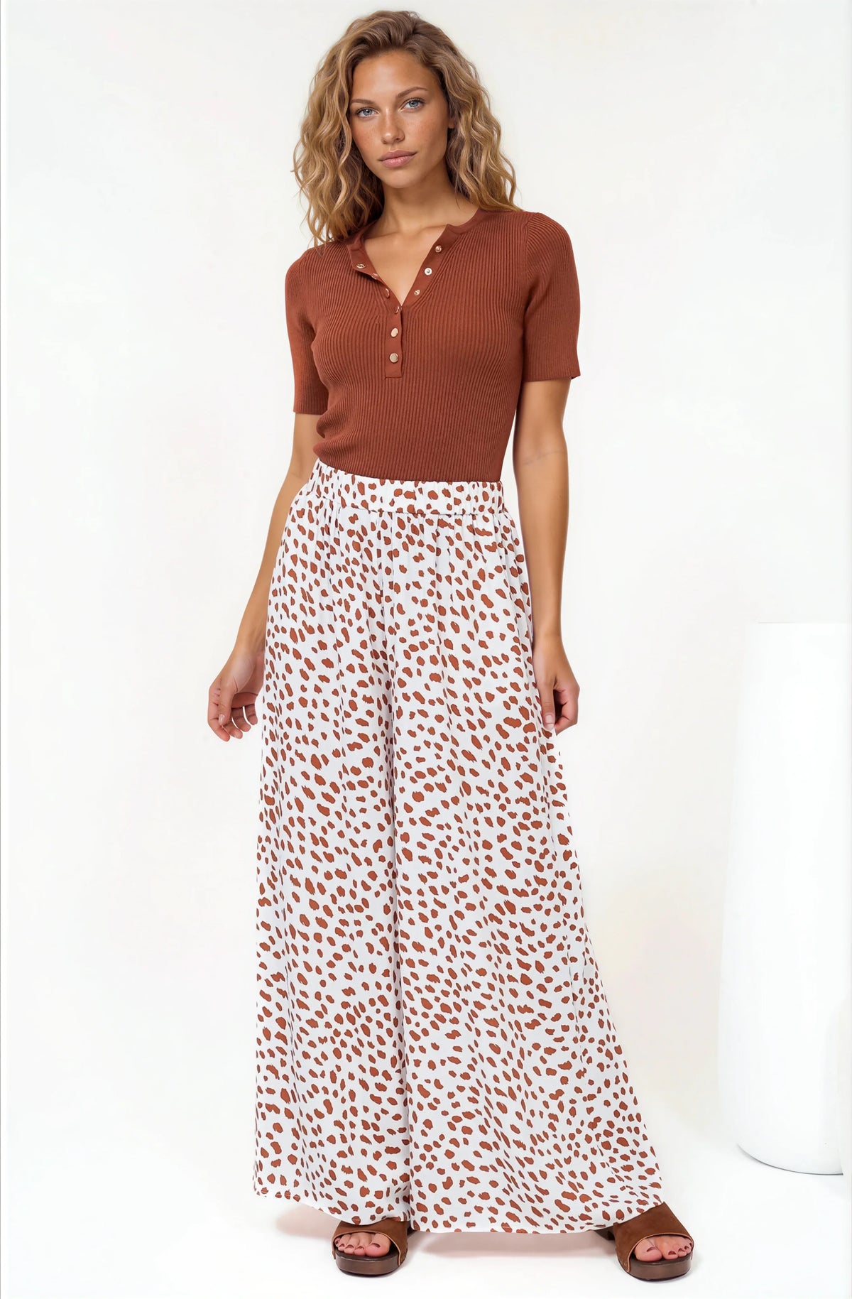Channing Pants - High Waisted Wide-Leg Pants with Pockets in Dasher Print Brown