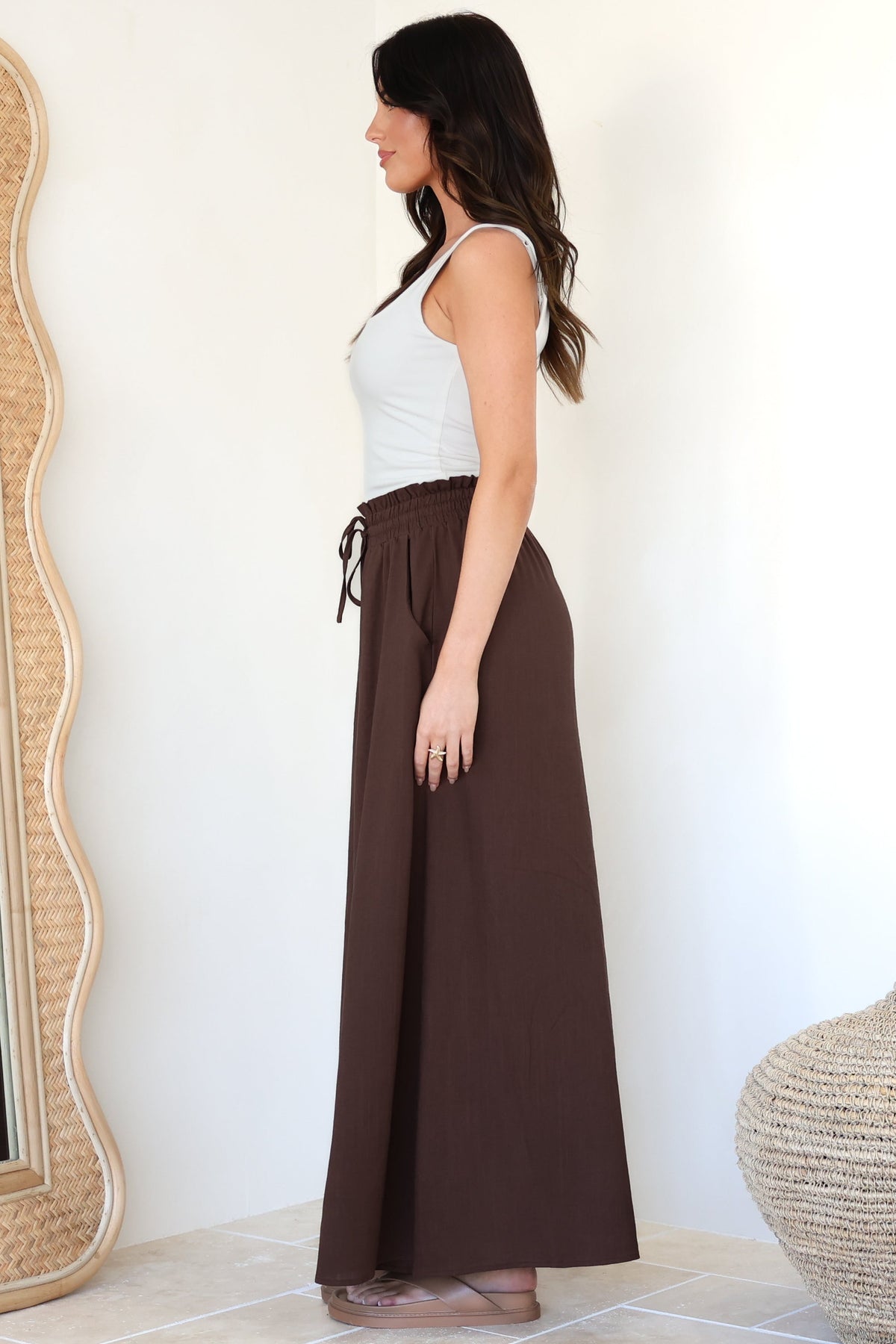 Charli Pants - Paper Bag High Waisted Wide Leg Pants in Brown