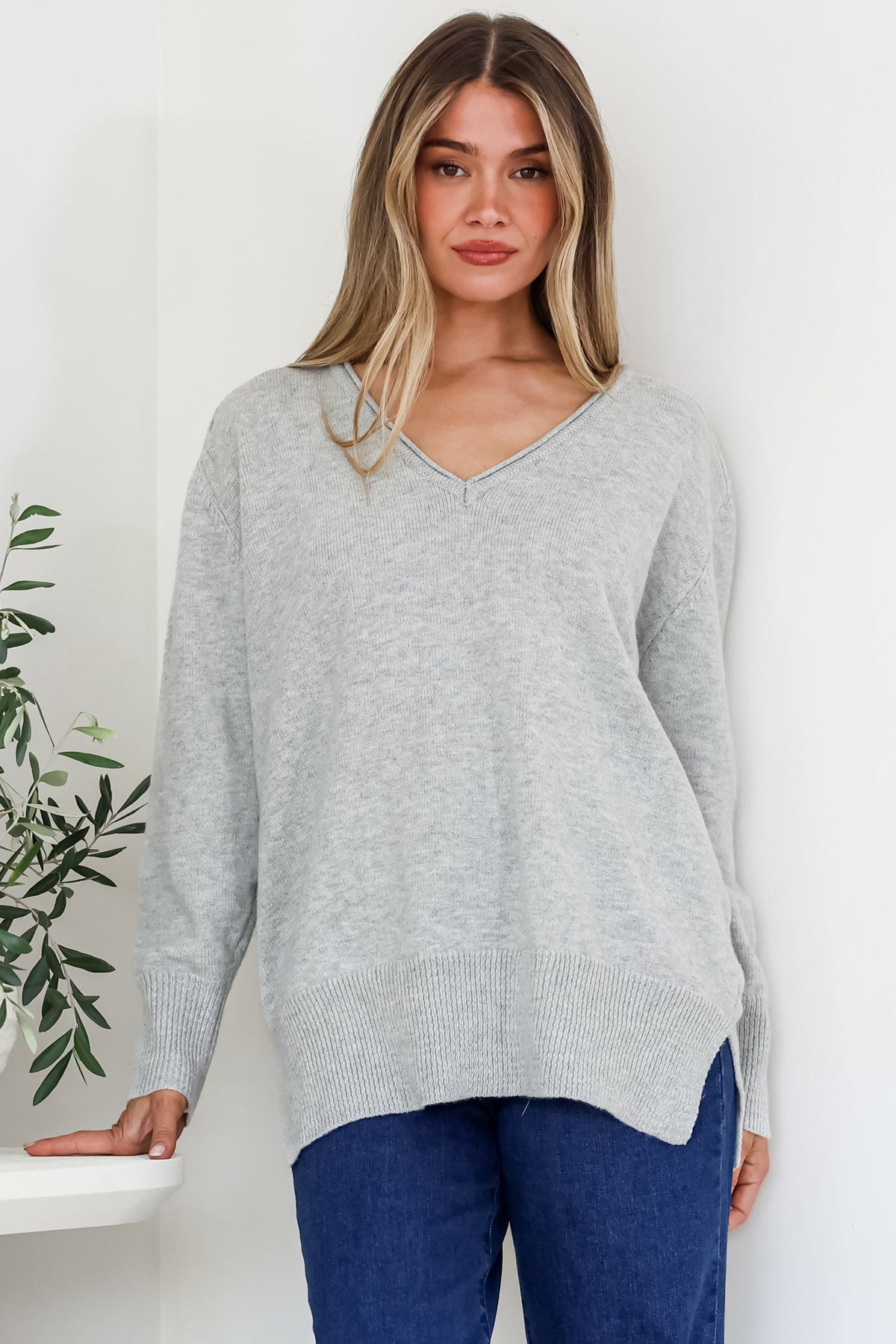 Clarke Jumper - V-Neck Batwing Sleeve Ribbed Step Hemline Knit in Grey