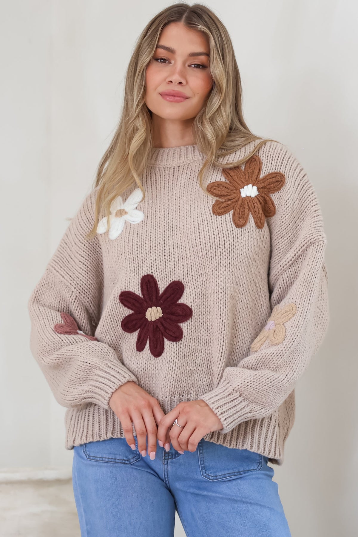 Wildflower Jumper - Chunky Knit with Flower Decals in Taupe Multi