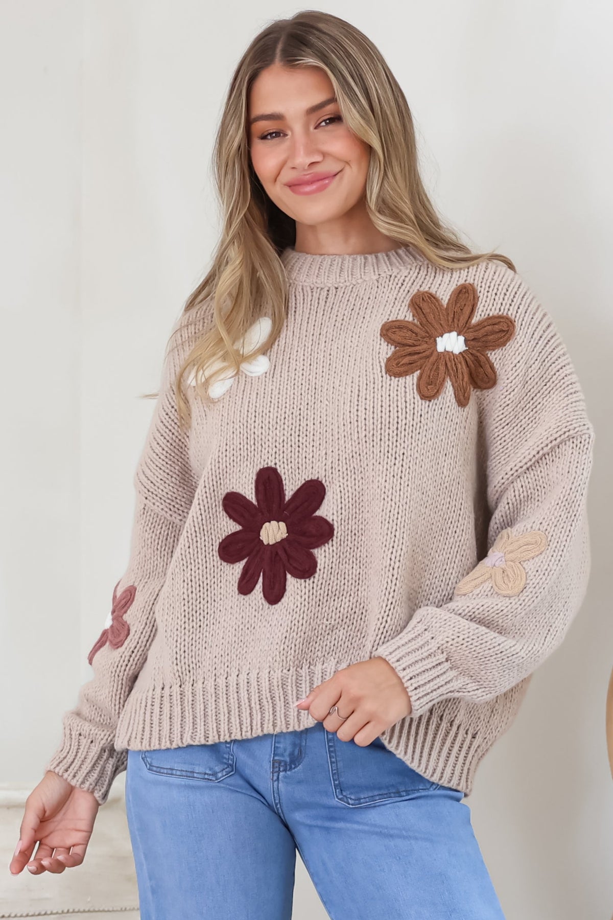 Wildflower Jumper - Chunky Knit with Flower Decals in Taupe Multi