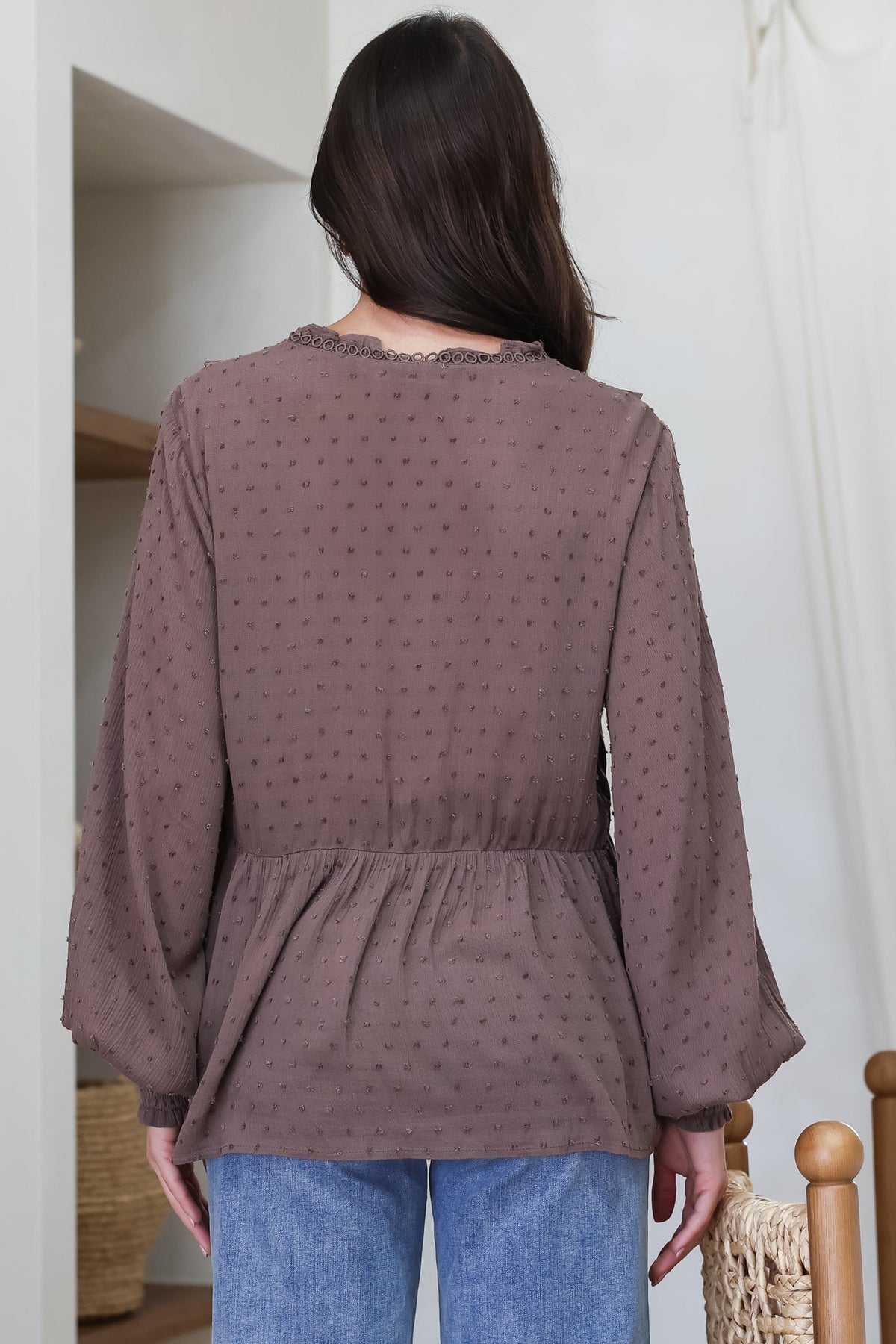Coral Top - Frill Neckline Empire Bustline Textured Top with Long Balloon Sleeves in Chocolate
