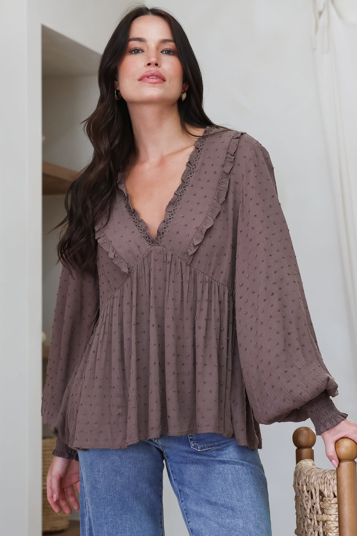 Coral Top - Frill Neckline Empire Bustline Textured Top with Long Balloon Sleeves in Chocolate