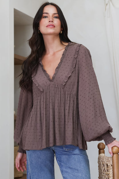 Coral Top - Frill Neckline Empire Bustline Textured Top with Long Balloon Sleeves in Chocolate