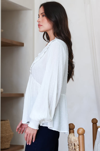 Coral Top - Frill Neckline Empire Bustline Textured Top with Long Balloon Sleeves in White