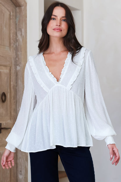 Coral Top - Frill Neckline Empire Bustline Textured Top with Long Balloon Sleeves in White