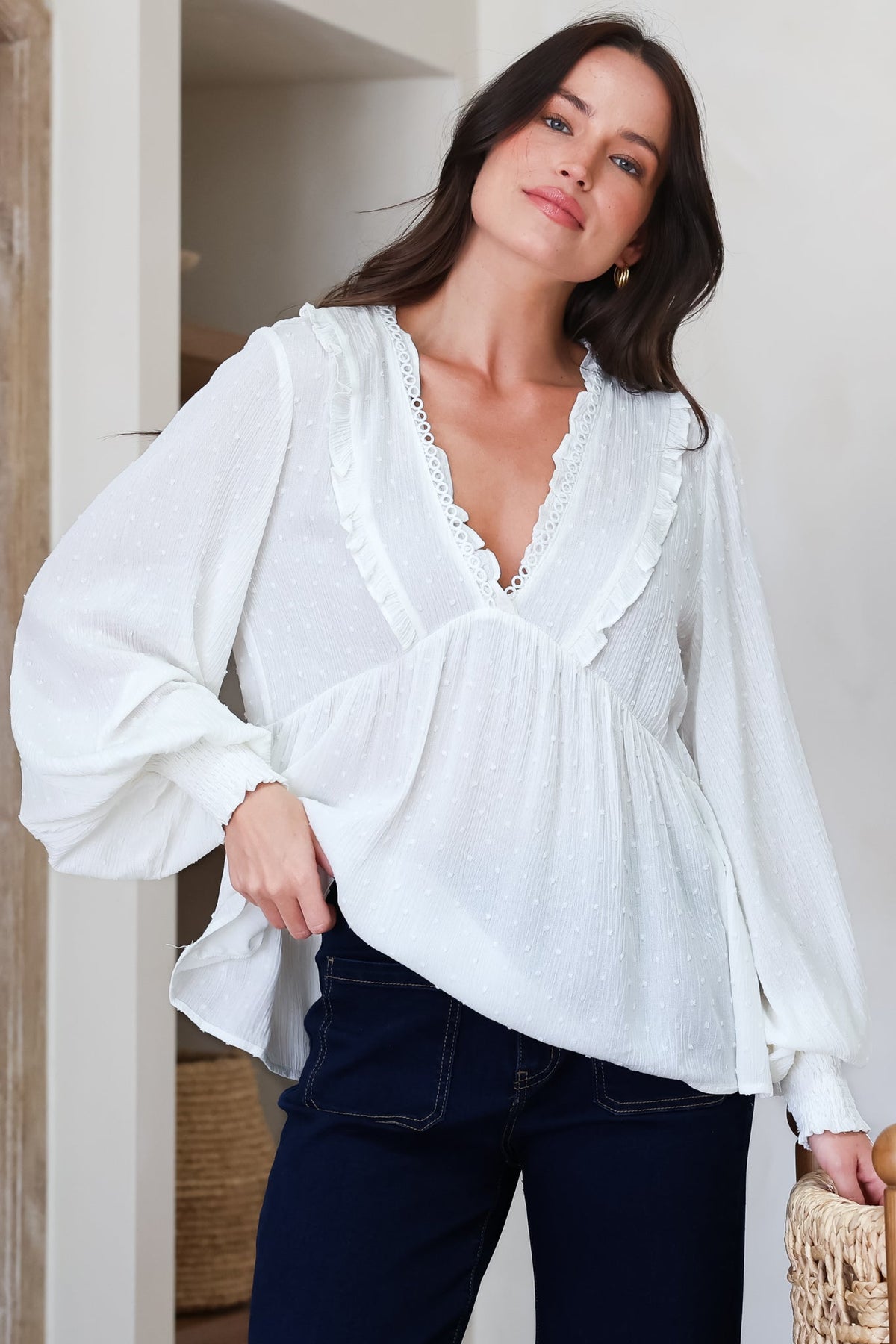 Coral Top - Frill Neckline Empire Bustline Textured Top with Long Balloon Sleeves in White