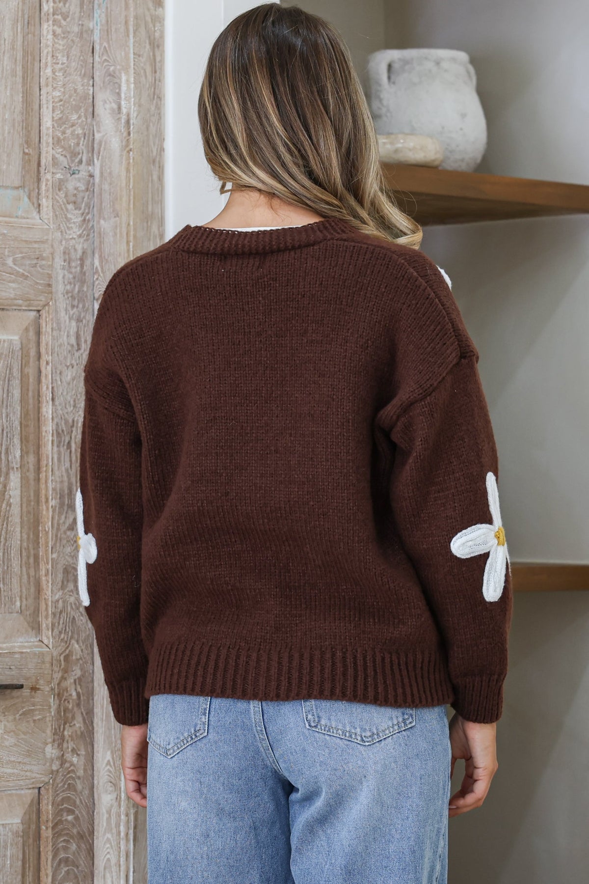 Daisy Belle Cardigan - Cropped Thick Knit Cardigan with Flower Decals in Coffee