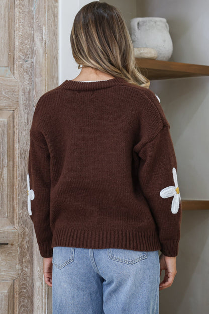 Daisy Belle Cardigan - Cropped Thick Knit Cardigan with Flower Decals in Coffee