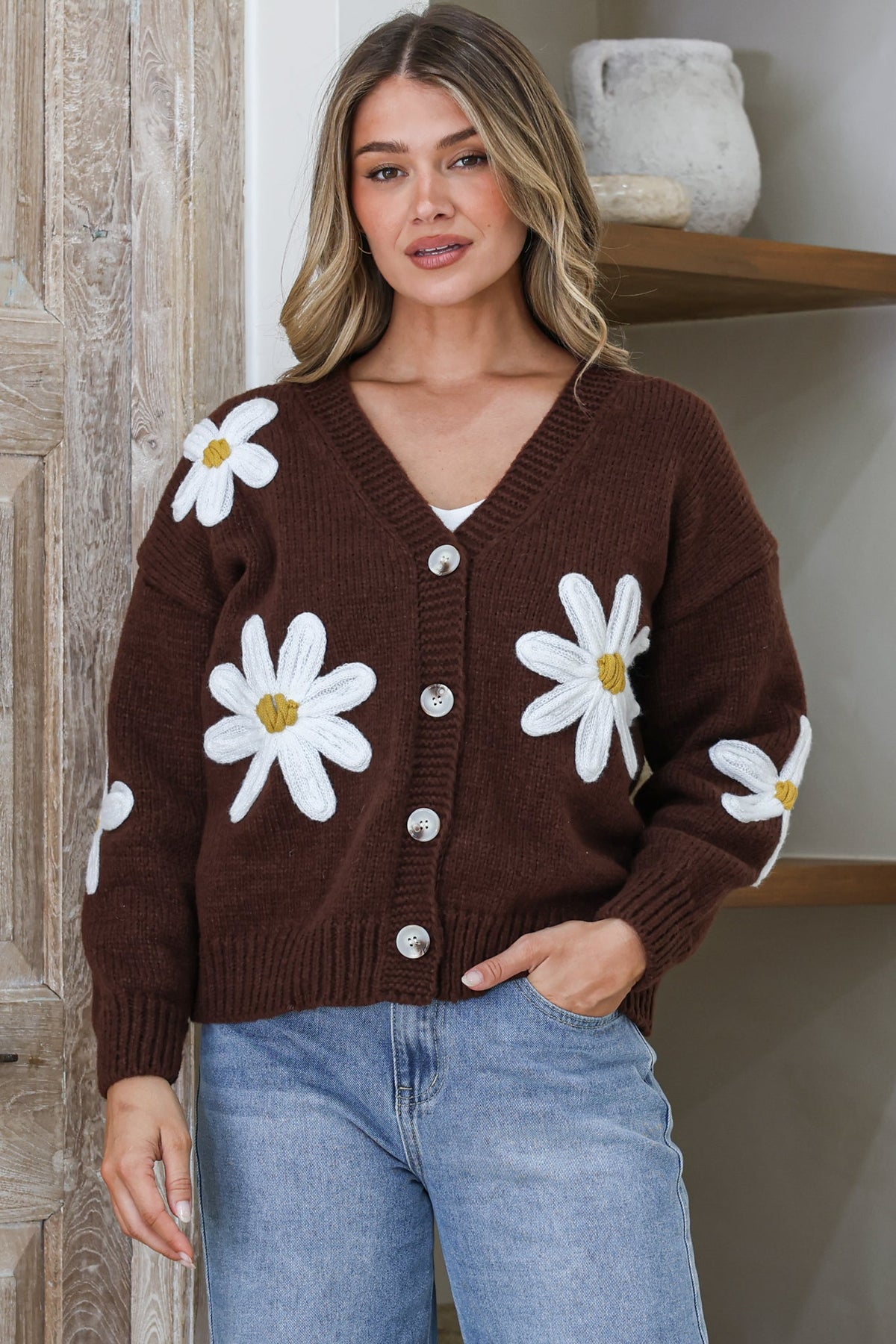 Daisy Belle Cardigan - Cropped Thick Knit Cardigan with Flower Decals in Coffee