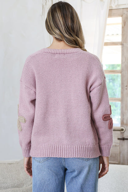 Daisy Belle Cardigan - Cropped Thick Knit Cardigan with Flower Decals in Light Mauve
