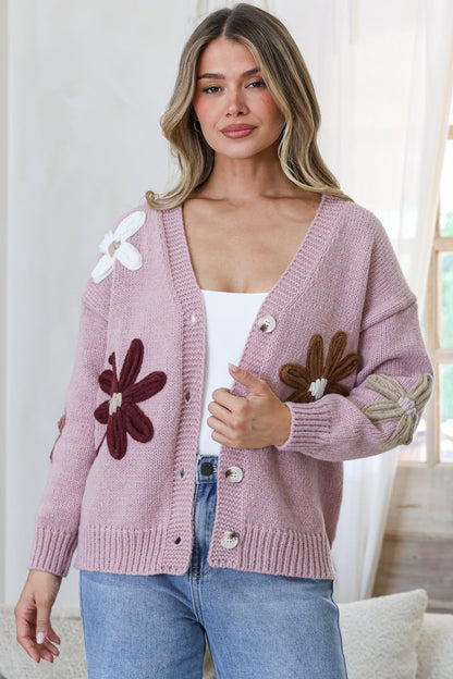 Daisy Belle Cardigan - Cropped Thick Knit Cardigan with Flower Decals in Light Mauve