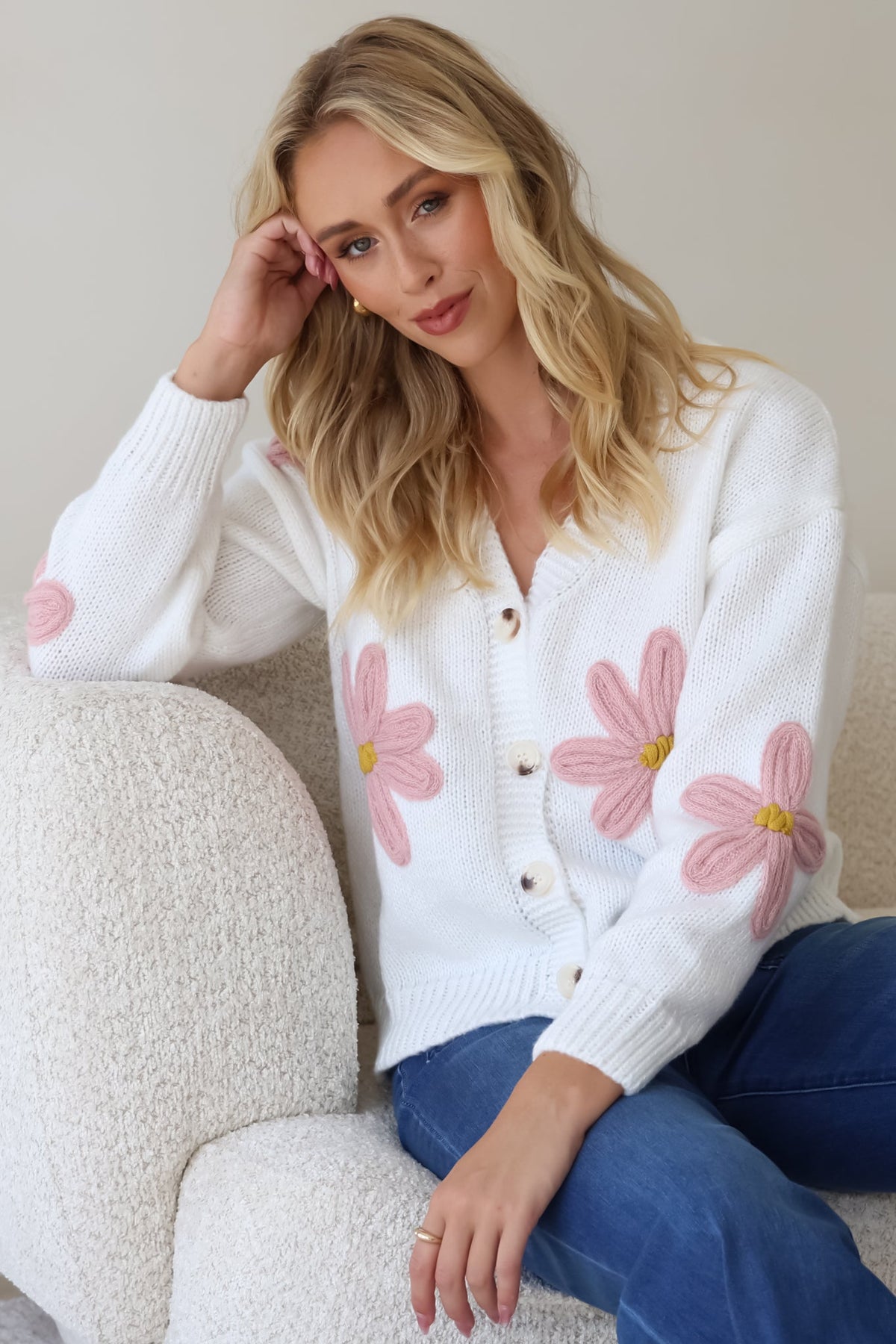 Daisy Belle Cardigan - Cropped Thick Knit Cardigan with Flower Decals in White