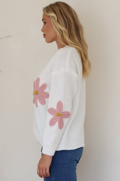 Daisy Belle Cardigan - Cropped Thick Knit Cardigan with Flower Decals in White