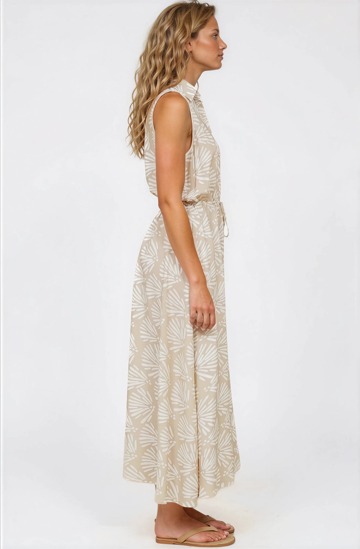 Danika Maxi Dress - Sleeveless Shirt Dress with Pull Waist Tie in Catia Print Beige