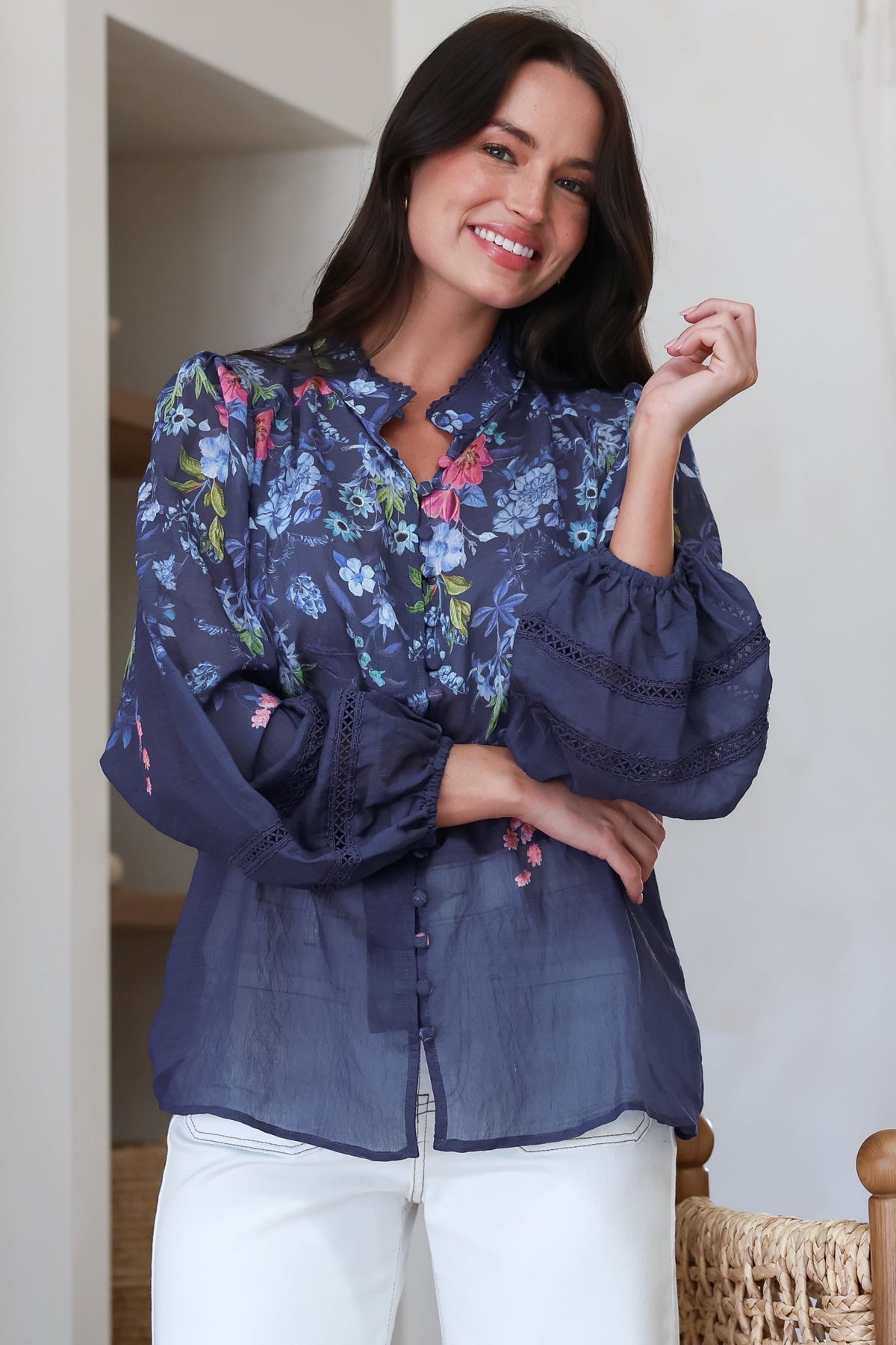 Diandra Blouse - Lace Trim Mandarin Collar Button Down with Balloon Sleeves in Elsie Print
