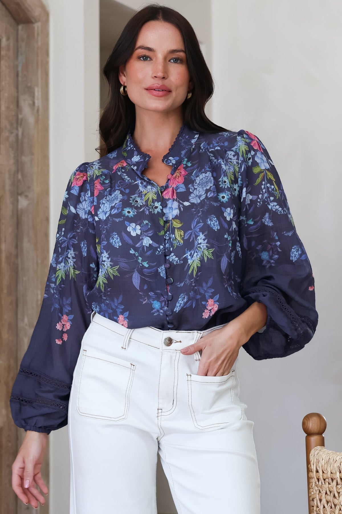 Diandra Blouse - Lace Trim Mandarin Collar Button Down with Balloon Sleeves in Elsie Print