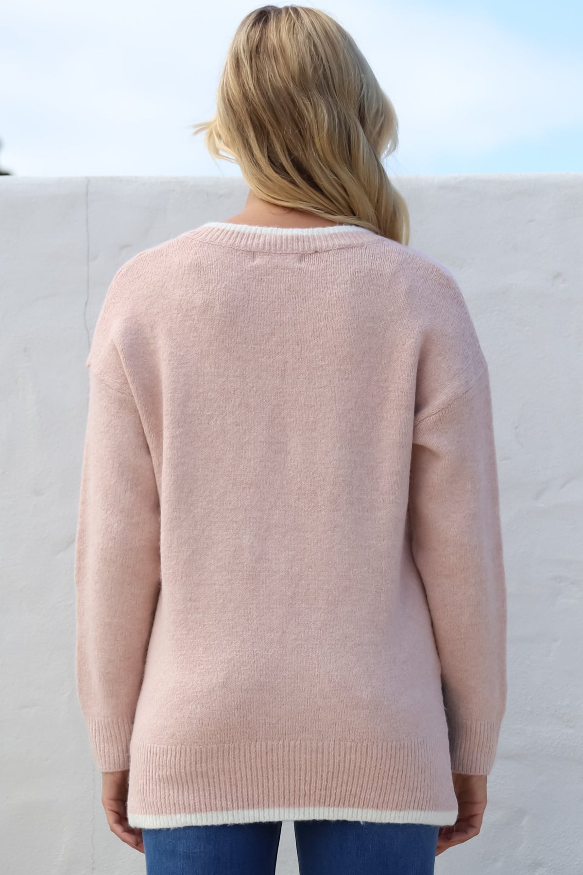 Edan Jumper - V-Neck Contrast Trim Step Hem Jumper in Blush