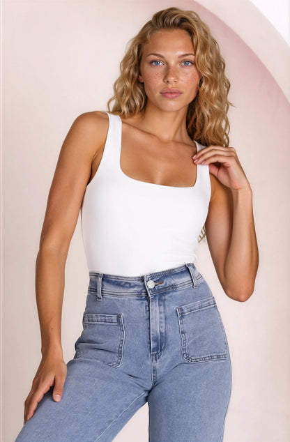 Edie Singlet - Square Neckline Double Layered Singlet in White