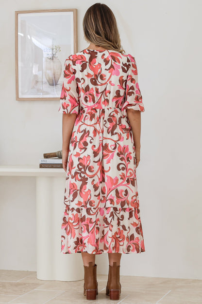 Ellis Midi Dress - V Neck 3/4 Sleeve A-Line Dress in Gemini Print