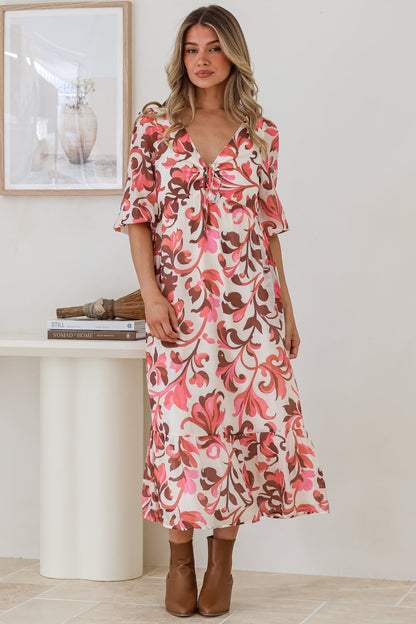Ellis Midi Dress - V Neck 3/4 Sleeve A-Line Dress in Gemini Print