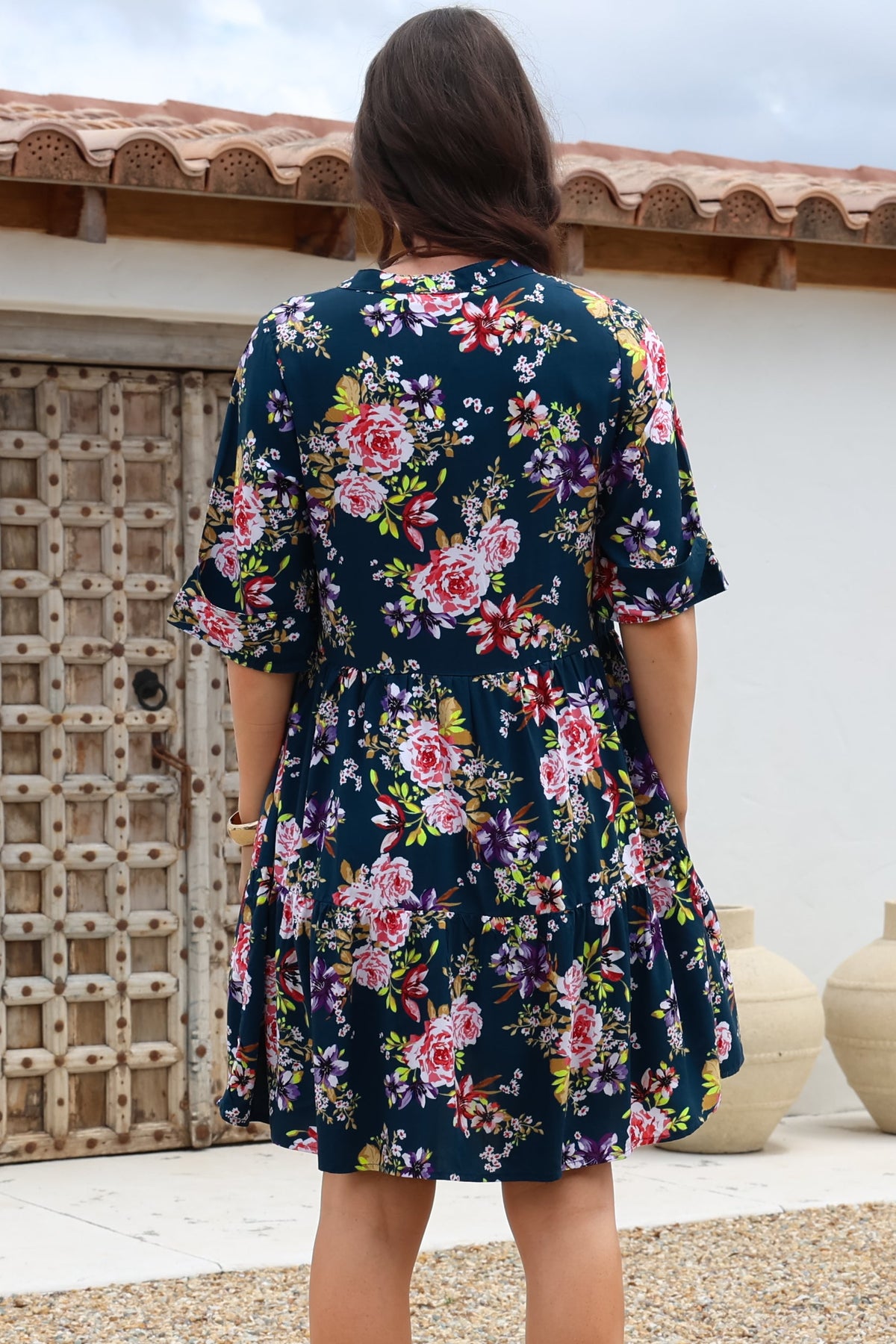 Evie Mini Dress - 3/4 Sleeve Tiered Smock Dress in Virginia Print Navy