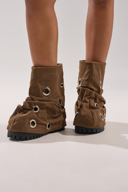 AKIRA GOLD FABLE BROWN GROMMET EMBELLISHED FLAT BOOTIE