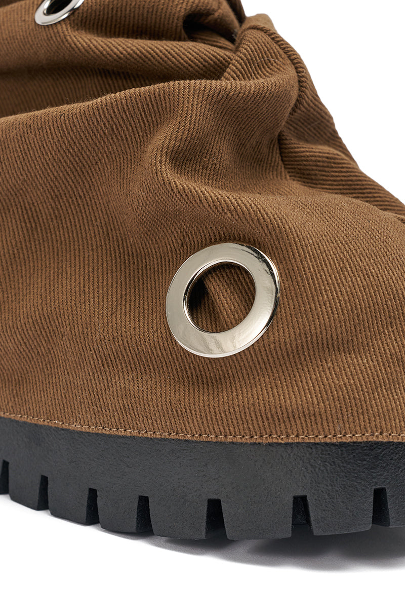 AKIRA GOLD FABLE BROWN GROMMET EMBELLISHED FLAT BOOTIE