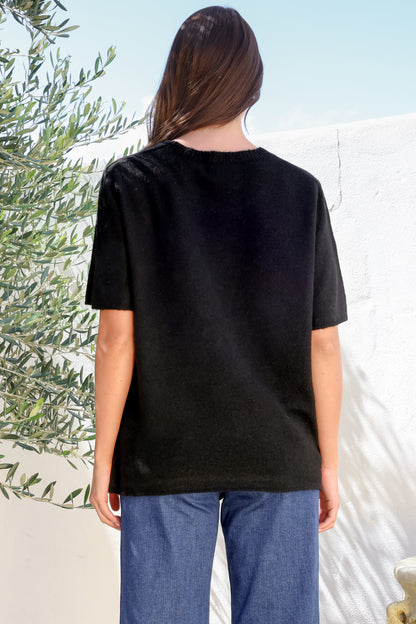 Fable Knit Top - Crew Neck Relaxed Super Soft Knit Tee in Black