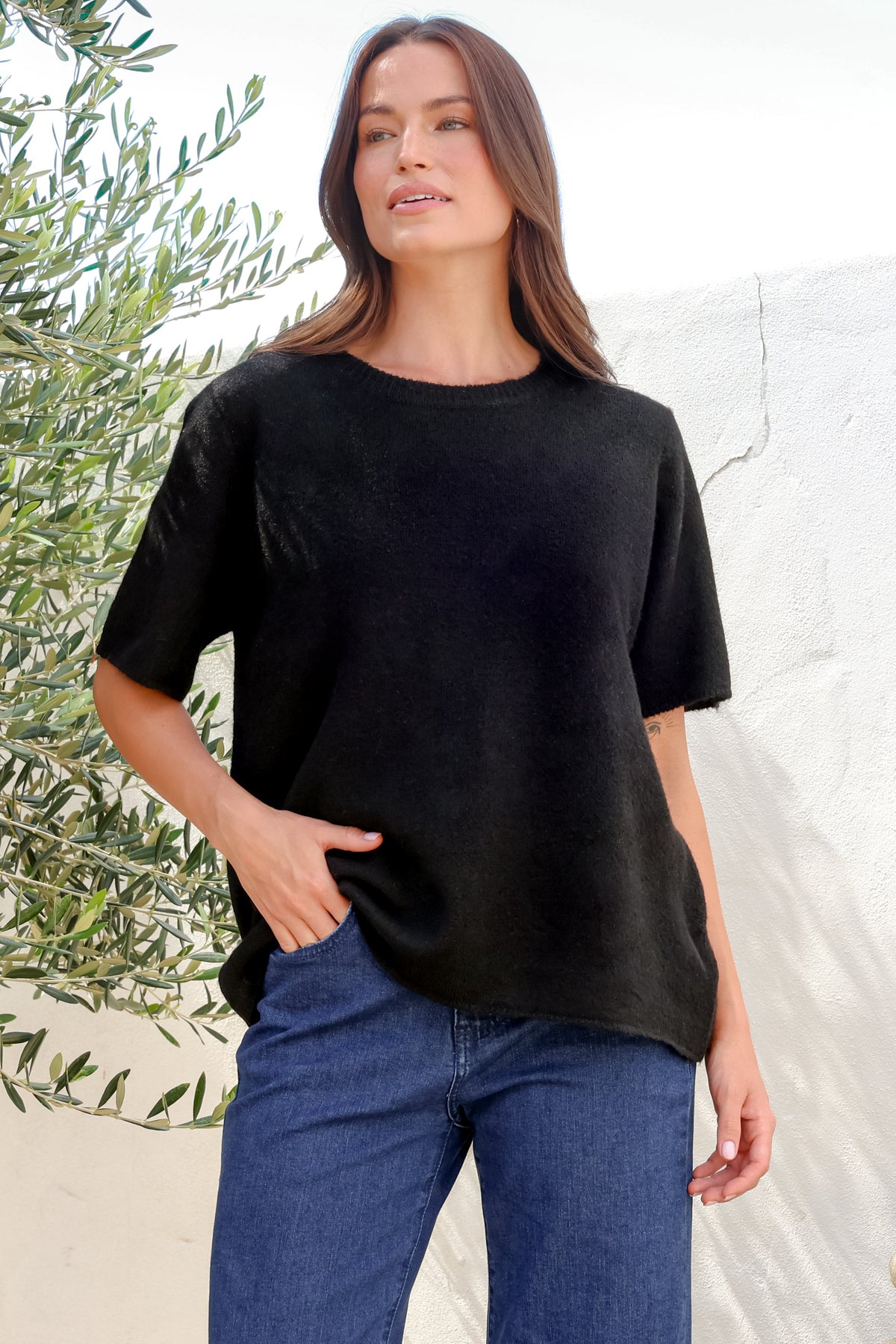 Fable Knit Top - Crew Neck Relaxed Super Soft Knit Tee in Black