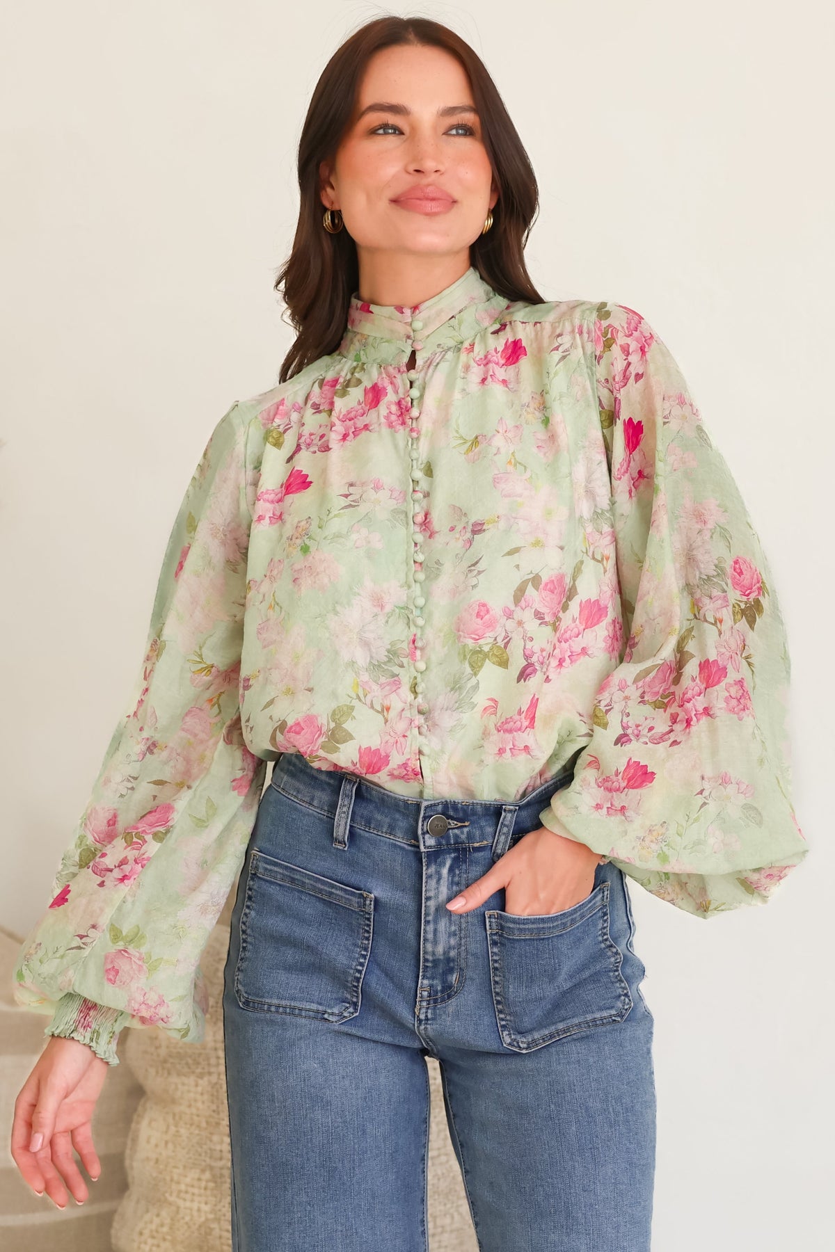 Faye Blouse - Mandarin Collar Balloon Sleeve Button Down Shirt in Rosemarie Print