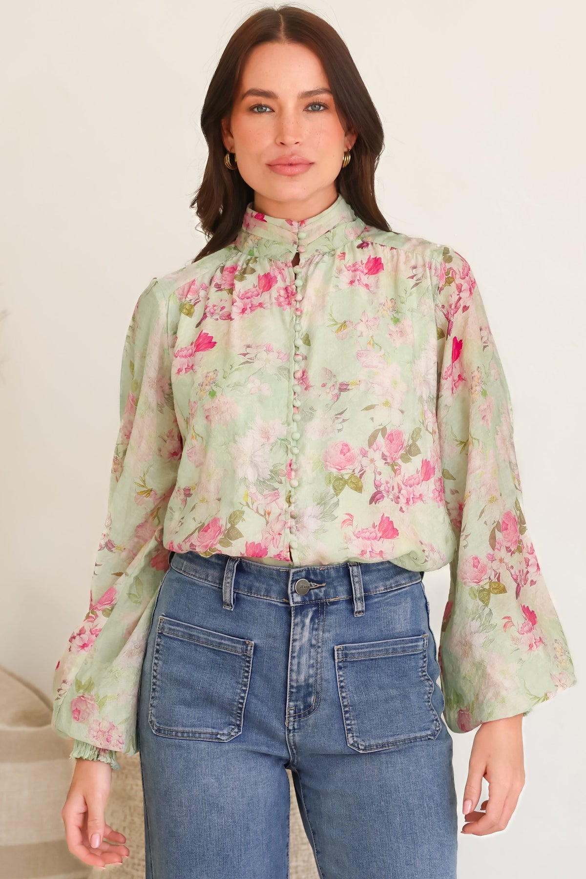 Faye Blouse - Mandarin Collar Balloon Sleeve Button Down Shirt in Rosemarie Print