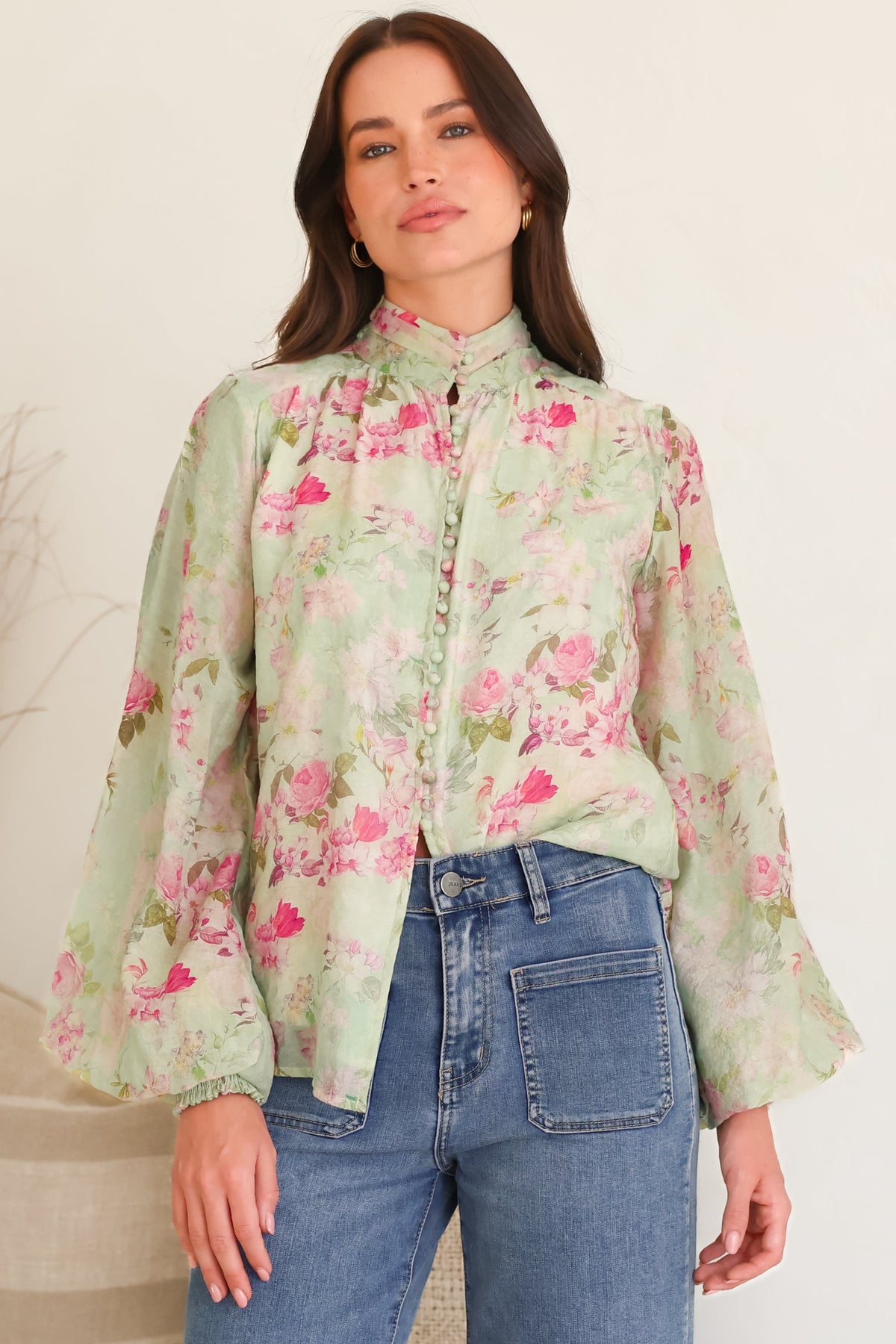 Faye Blouse - Mandarin Collar Balloon Sleeve Button Down Shirt in Rosemarie Print
