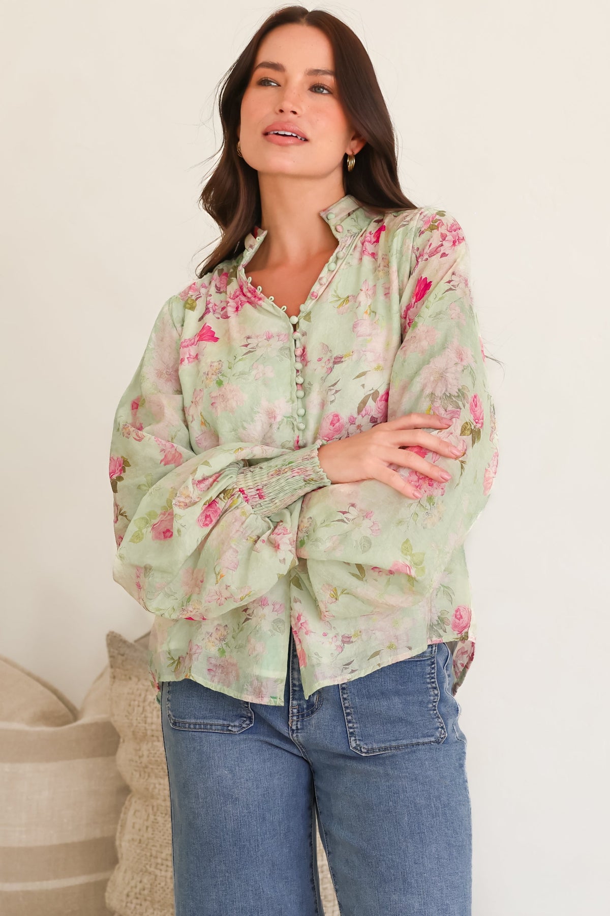 Faye Blouse - Mandarin Collar Balloon Sleeve Button Down Shirt in Rosemarie Print