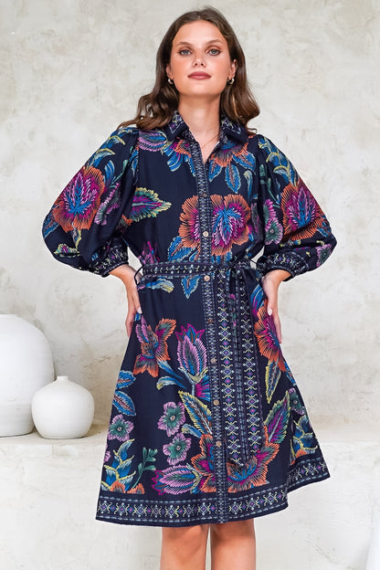 Francini Mini Dress - Collared Shirt Dress with Matching Belt in Elle Print Navy