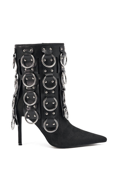 AKIRA GOLD GERANIUM BLACK PIERCING STILETTO BOOTIE